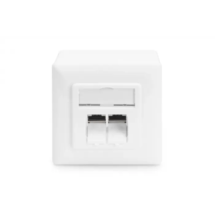 Digitus Sıva Üstü İkili CAT.6 RJ-45 Priz, Shielded (Zırhlı), 2 x RJ45, 8P8C, LSA, Beyaz renk RAL 9010<br>Digitus CAT 6 Wall Outlet, Shielded, 2x RJ45 8P8C, LSA, pure white, surface mount