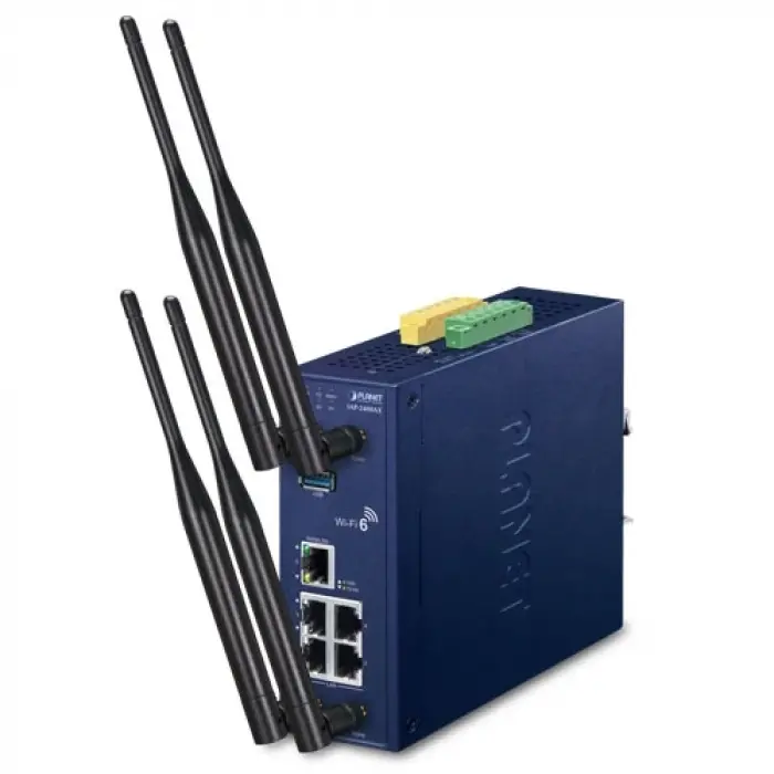 Endüstriyel 5GHz 802.11ax 2400Mbps Kablosuz Access Point<br>4 x 10/100/1000BASE-T RJ45 LAN port (Port 1 ile Port 4 arası)<br>1 x 10/100/1000BASE-T RJ45 WAN/LAN port (Port 5)<br>2