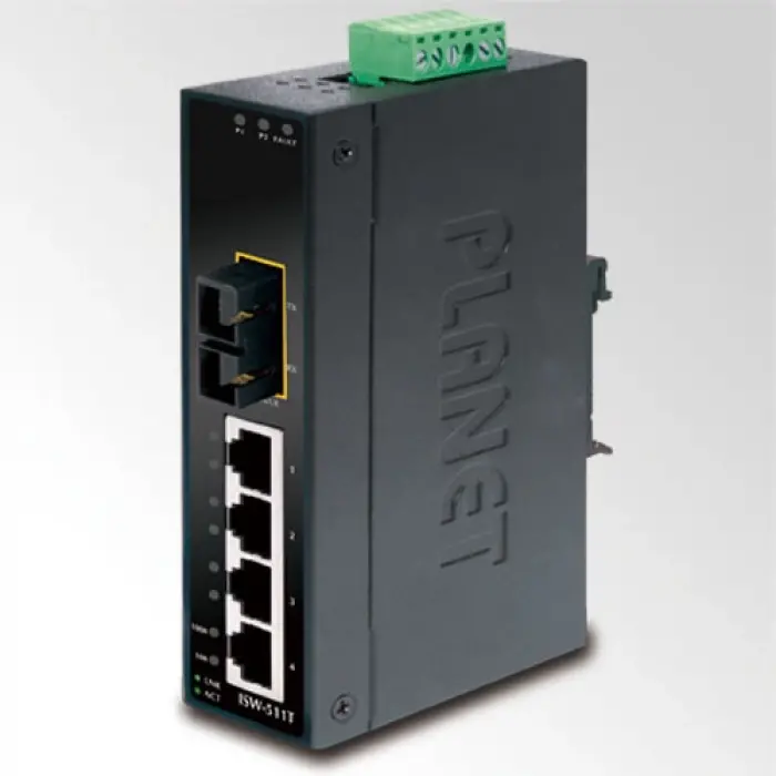 Endüstriyel Tip Yönetilemeyen Ethernet Switch (Industrial Unmanaged Ethernet Switch)<br>4-Port 10/100Base-TX<br>1-Port 100Base-FX Single-mode SC 15 km<br>IP30, -40~75 Derece C