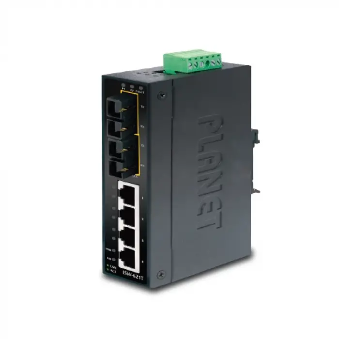 Endüstriyel Tip Yönetilemeyen Ethernet Switch (Industrial Unmanaged Ethernet Switch)<br>4-Port 10/100Base-TX <br>2-Port 100Base-FX Single-mode SC 15 km<br>IP30, 40~75 Derece C