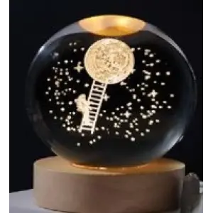 Dekoratif Merdiven Astronot Tasarımlı Ahşap altlıklı Işıklı Cam Küre Büyük Boy Cam:8cm Ahşap:2cm