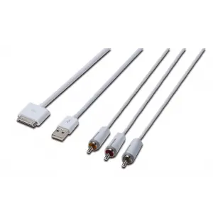 Digitus Apple Audio/Video bağlantı kablosu, Apple 30pin Erkek <->- 3 x RCA Erkek + USB A Erkek, 1.5 metre, Komposit Audio/Video, USB 2.0 uyumlu, UL, beyaz renk