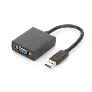 Digitus USB 3.0 <-> VGA Grafik Adaptörü<br>Giriş: 1 x USB 3.0 USB-A erkek<br>Çıkış:  1 x VGA (HD15) dişi (Full HD, 1080p)<br>Plastik