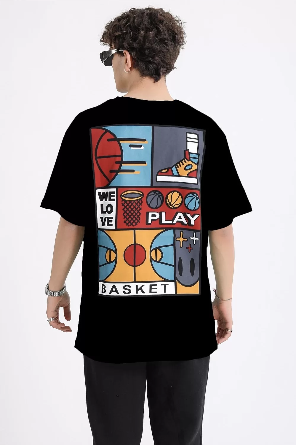 Basketbol Temalı Oversize T-shirt Siyah