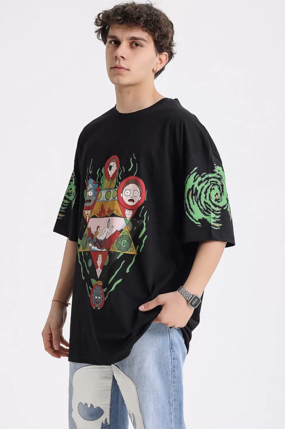 Karakter Baskılı Siyah Oversize T-shirt