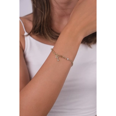 14 Ayar Altın Anahtar Sallantılı Ataç Zincir Bileklik 128