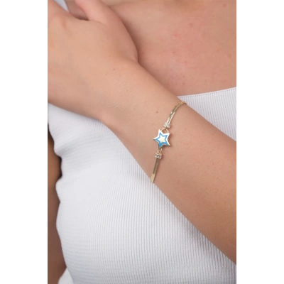 14 Ayar Altın Mavi Yıldız Detaylı Balık Sırtı Bileklik 23