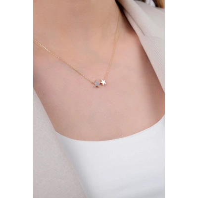 14 Ayar Altın Taşlı İkili Yıldız Kolye 233