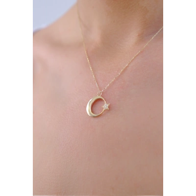 14 Ayar Altın Taşlı Ay Yıldız Kolye 163