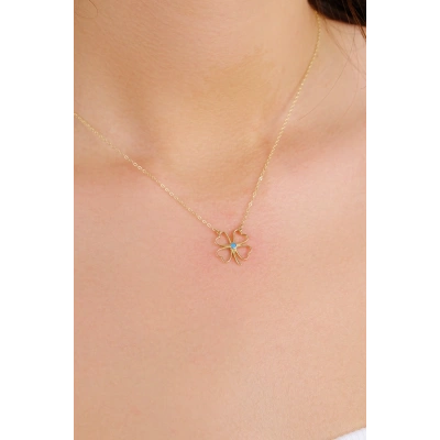 14 Ayar Altın Mavi Taşlı Yonca Kolye 100