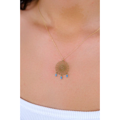 14 Ayar Altın Mavi Taş Sallantılı Tasarım Kolye 113