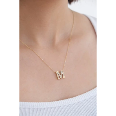 14 Ayar Altın Taşlı M Harf Kolye 179