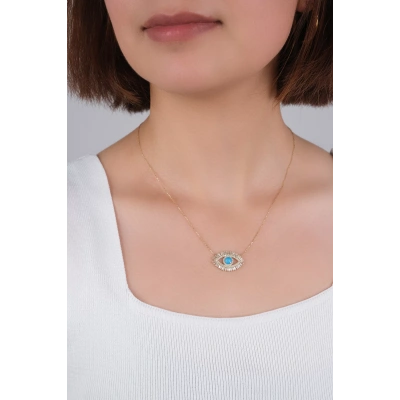 14 Ayar Altın Mavi Taşlı Göz Kolye 76