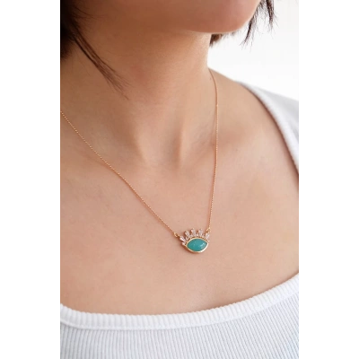 14 Ayar Rose Altın Yeşil Taşlı Kirpik Kolye 67