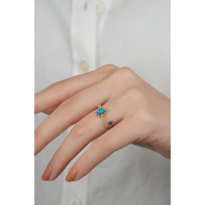 14 Ayar Altın İşlemeli Mavi Taşlı Yüzük 748