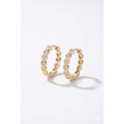 14 Ayar Altın Altıgen Taşlı Köşeli Halka Küpe 1132