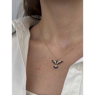 14 Ayar Altın Mavi Taşlı Anka Kuşu Kolye 874