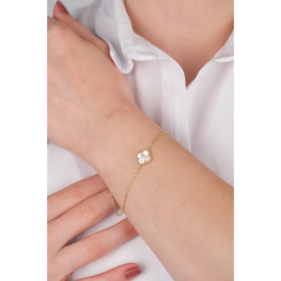 14 Ayar Altın Beyaz Yonca Bileklik 790