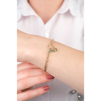 14 Ayar Altın Yıldızlı Nazar Boncuklu Zincir Bileklik 666