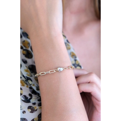 14 Ayar Altın Beyaz Mineli Ataç Zincir Bileklik 439