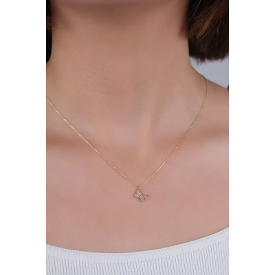 14 Ayar Altın Pembe Kelebekli Kolye