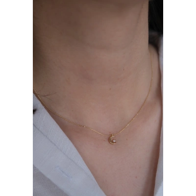 14 Ayar Altın Minimal Taşlı Ay Kolye 460