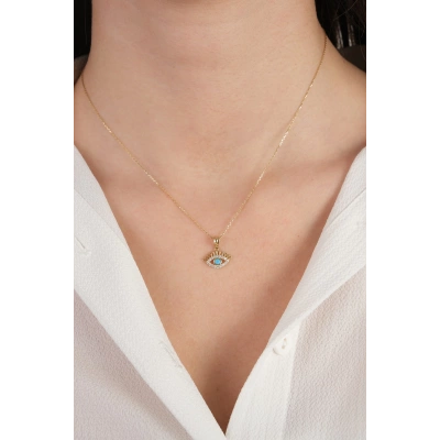 14 Ayar Altın Mavi Taşlı Kirpik Kolye 16