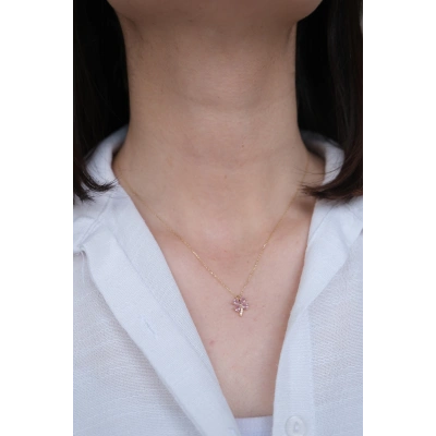 14 Ayar Altın Pembe Taşlı Yonca Kolye 455