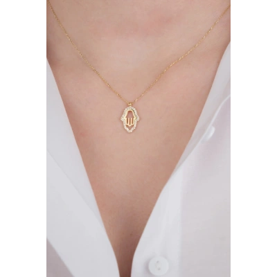 14 Ayar Altın Taşlı Fatma Ana Eli Kolye 573