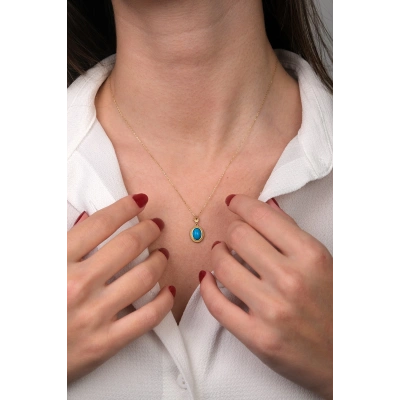 14 Ayar Altın Mavi Taşlı Kolye 26