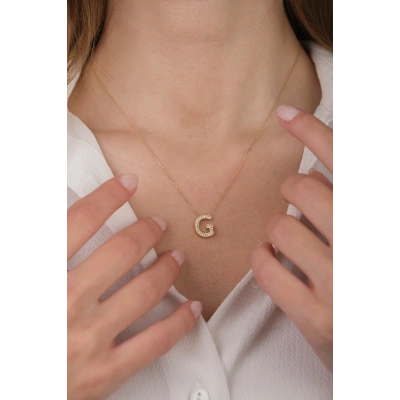 14 Ayar Altın Taşlı G Harf Kolye 354