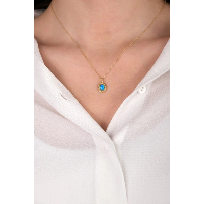 14 Ayar Altın Mavi Boncuklu Oval Kolye 25