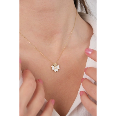 14 Ayar Altın Beyaz Taşlı Yonca Kolye 121