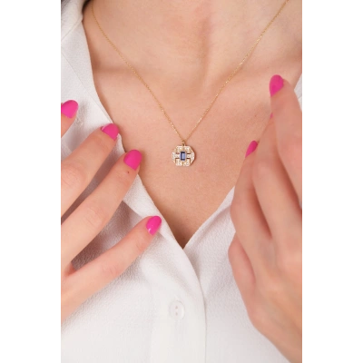 14 Ayar Altın Mavi Taşlı Yılan Göz Kolye 10