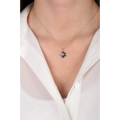 14 Ayar Altın Renkli Taşlı Çiçek Kolye 40