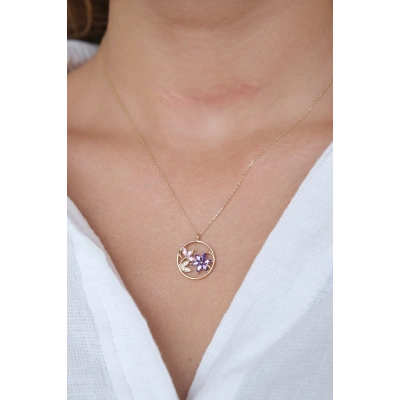 14 Ayar Altın Taşlı Çiçek Kolye 440