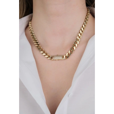 14 Ayar Altın Taşlı Kilit Gurmet Zincir Kolye 578