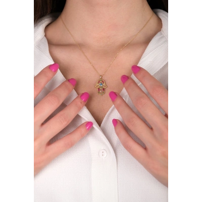 14 Ayar Altın Renkli Taşlı Fatma Ana Eli Kolye 7