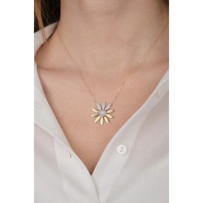 14 Ayar Altın Taşlı Papatya Kolye 379