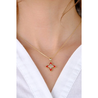 14 Ayar Altın Kırmızı Desenli Çiçekli Kolye Ucu 371