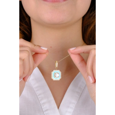 14 Ayar Altın Turkuaz Renkli Kare Taşlı Kolye Ucu 283