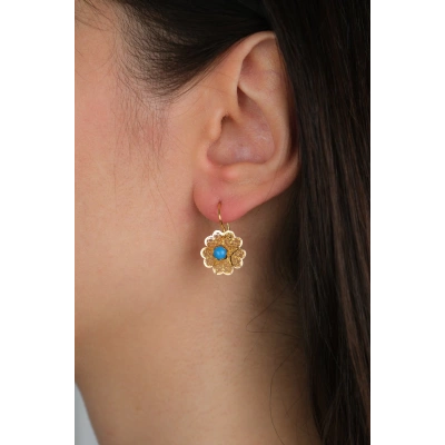 14 Ayar Altın Güllü Mavi Boncuklu Küpe 1049