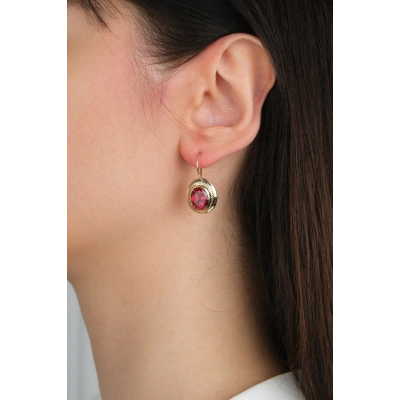 14 Ayar Altın Kırmızı Taşlı Sallantılı Küpe 1059