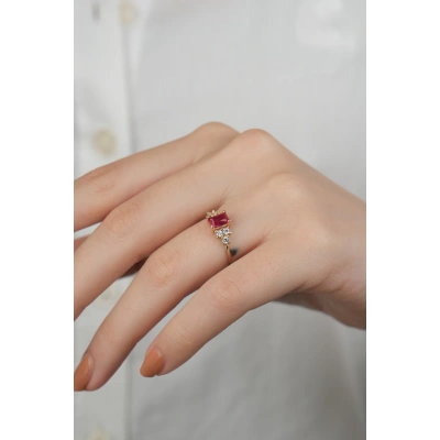 14 Ayar Altın Kırmızı Taşlı Yüzük 878