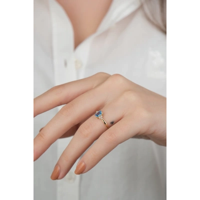 14 Ayar Altın Mavi Kare Taşlı Yüzük 716