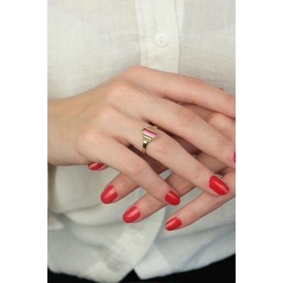 14 Ayar Altın Pembe Taşlı Retro Yüzük 387