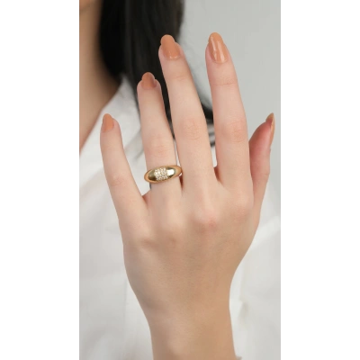 14 Ayar Altın Düz Ortası Taşlı Yüzük