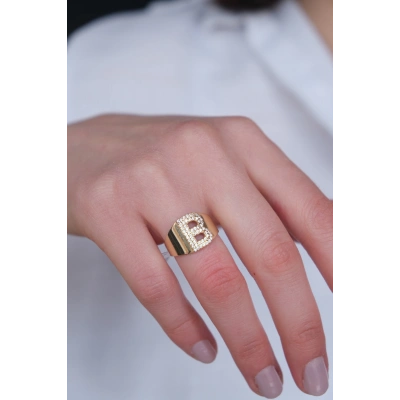 14 Ayar Altın Taşlı B Harf Yüzük 535