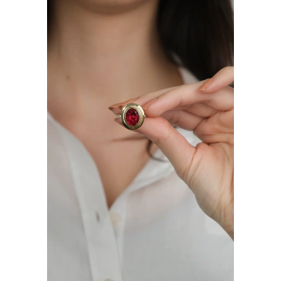 14 Ayar Altın Kırmızı Taşlı Yüzük 900