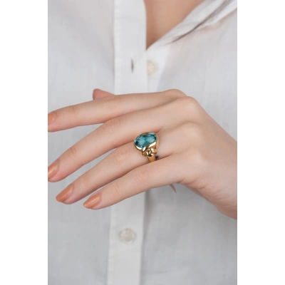 14 Ayar Altın Turkuaz Renkli Taşlı Yüzük 896